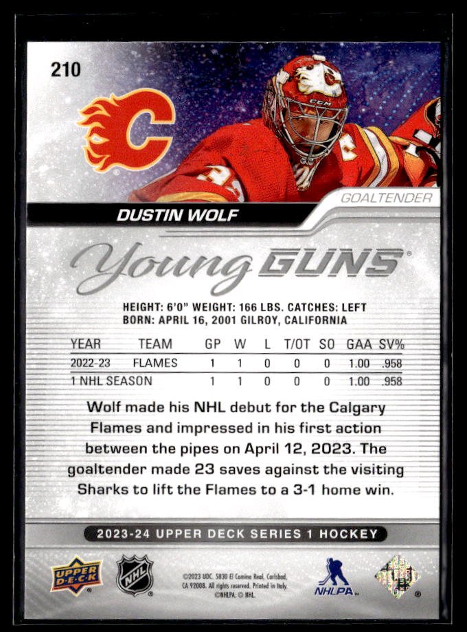 2023-24 Upper Deck Series 1 Hockey Young Guns #210 Dustin Wolf (2)
