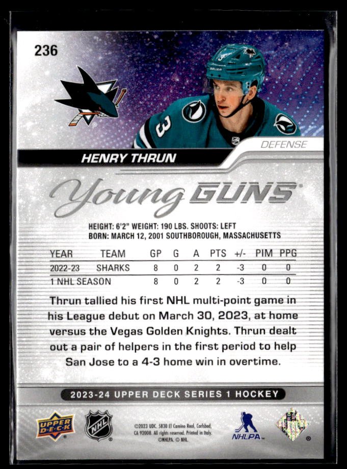 2023-24 Upper Deck Series 1 Hockey Young Guns #236 Henry Thrun (2)