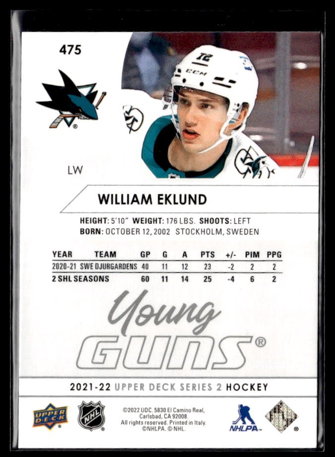 2021-22 Upper Deck Series 2 Hockey Young Guns #475 William Eklund (2)