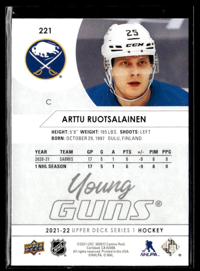 2021-22 Upper Deck Series 1 Hockey Young Guns #221 Arttu Ruotsalainen (2)