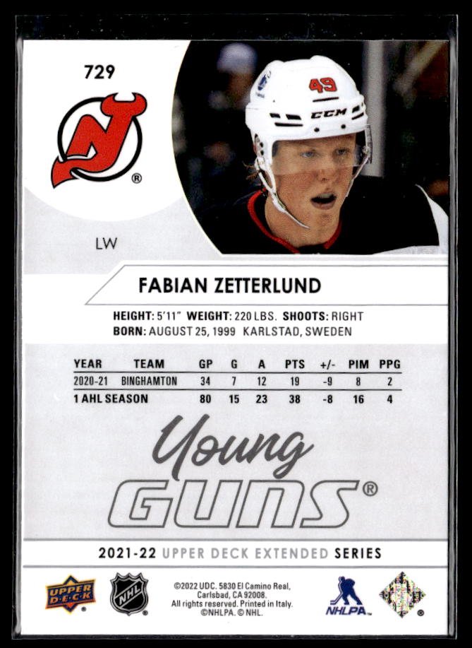 2021-22 Upper Deck Extended Series Hockey Young Guns #729 Fabian Zetterlund (2)