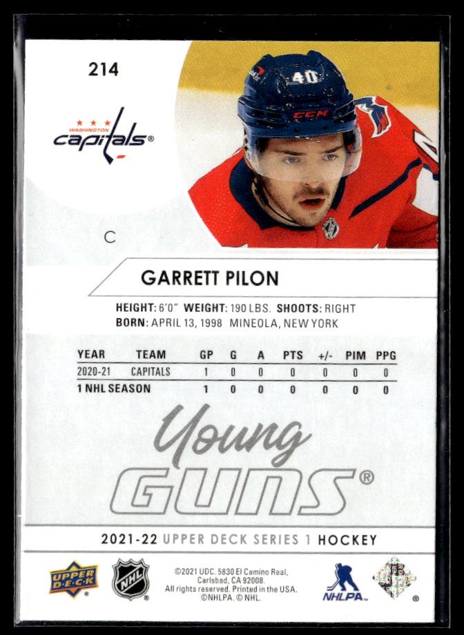 2021-22 Upper Deck Series 1 Hockey Young Guns #214 Garrett Pilon (2)