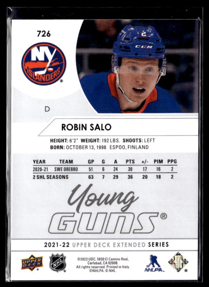 2021-22 Upper Deck Extended Series Hockey Young Guns #726 Robin Salo (2)