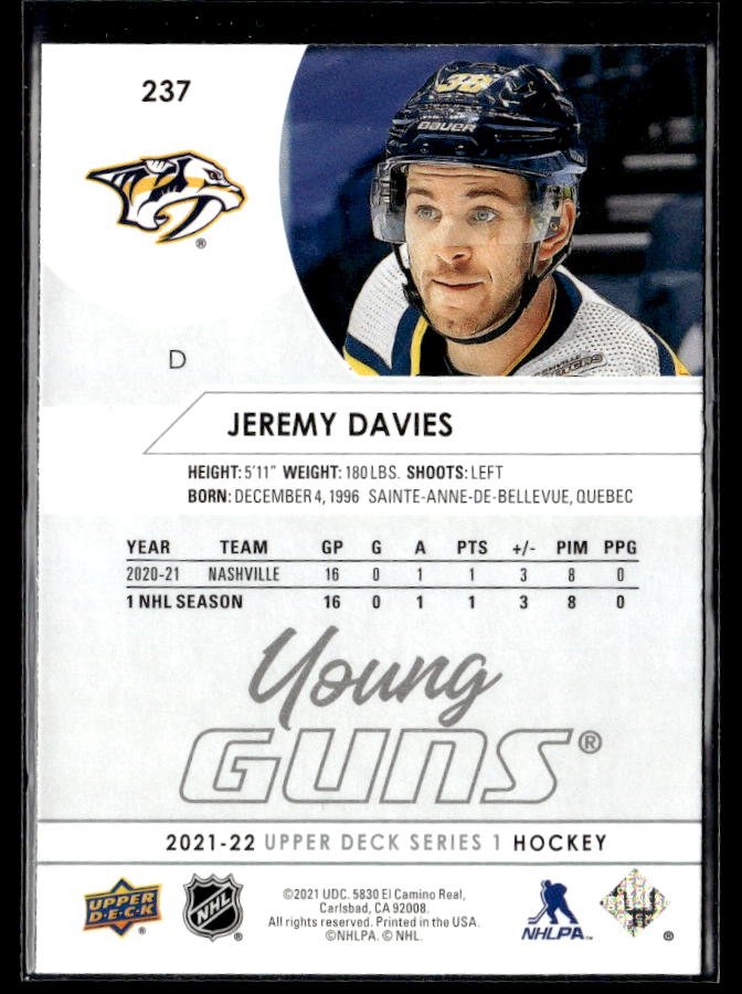 2021-22 Upper Deck Series 1 Hockey Young Guns #237 Jeremy Davies (2)