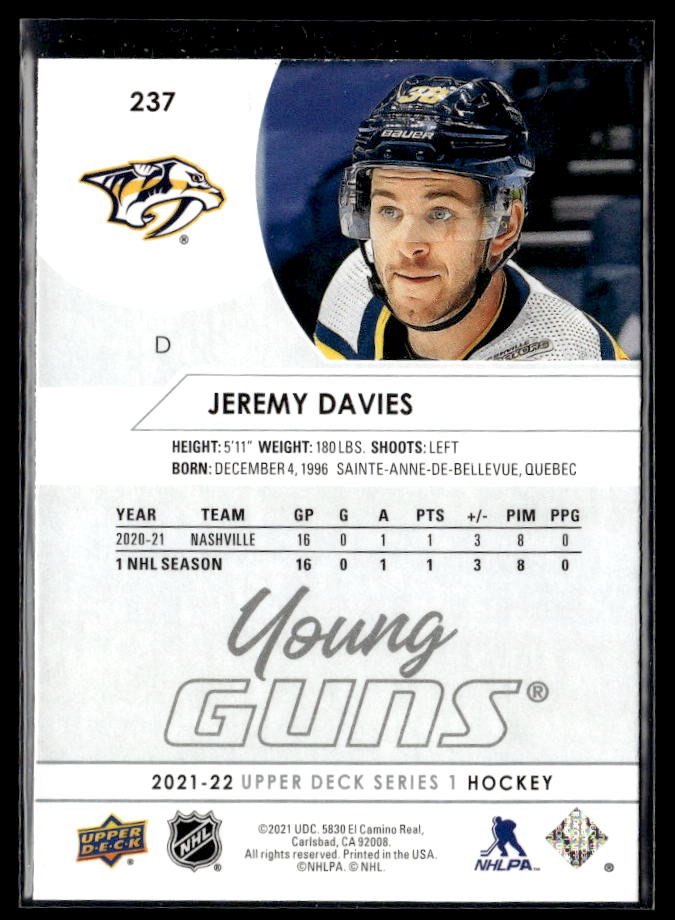 2021-22 Upper Deck Series 1 Hockey Young Guns #237 Jeremy Davies (2)