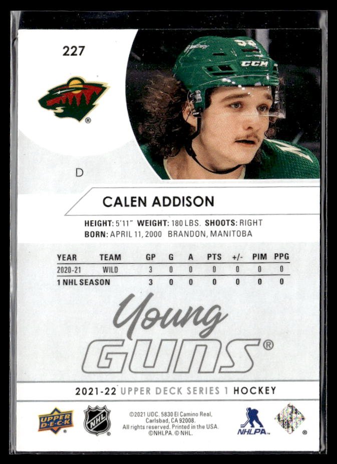 2021-22 Upper Deck Series 1 Hockey Young Guns #227 Calen Addison (2)
