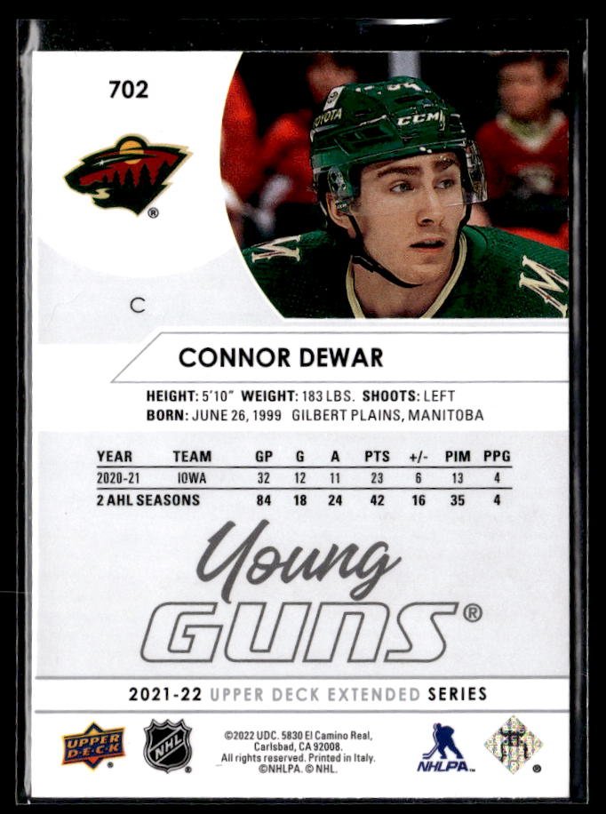 2021-22 Upper Deck Extended Series Hockey Young Guns #702 Connor Dewar (2)