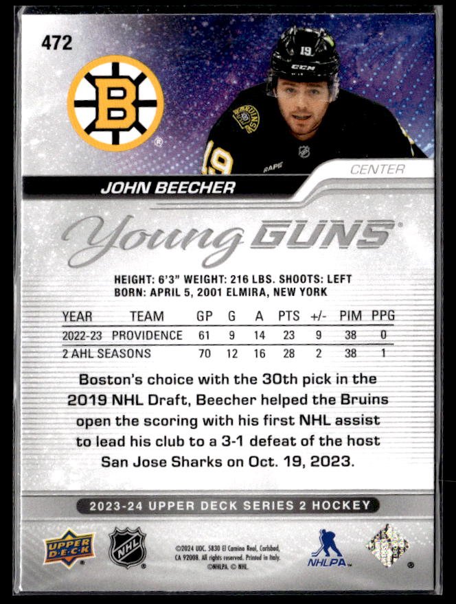 2023-24 Upper Deck Series 2 Hockey Young Guns #472 John Beecher (2)