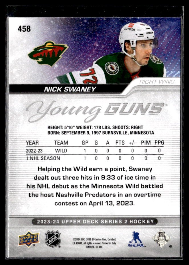 2023-24 Upper Deck Series 2 Hockey Young Guns #458 Nick Swaney (2)