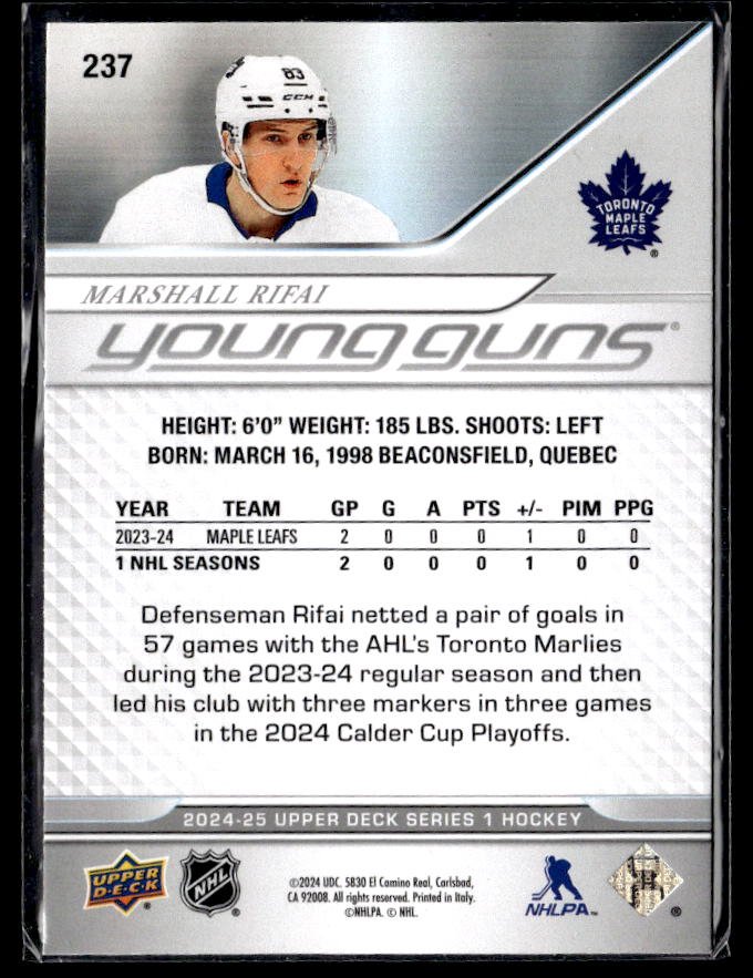2024-25 Upper Deck Series 1 Hockey Young Guns #237 Marshall Rifai (2)