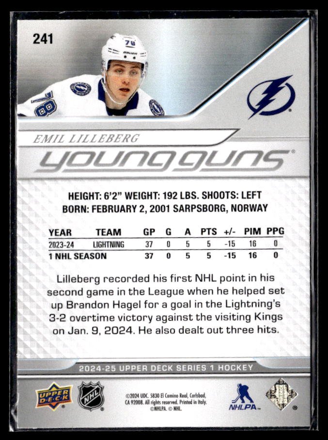 2024-25 Upper Deck Series 1 Hockey Young Guns #241 Emil Lilleberg (2)