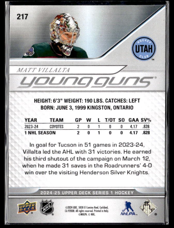 2024-25 Upper Deck Series 1 Hockey Young Guns #217 Matt Villalta (2)