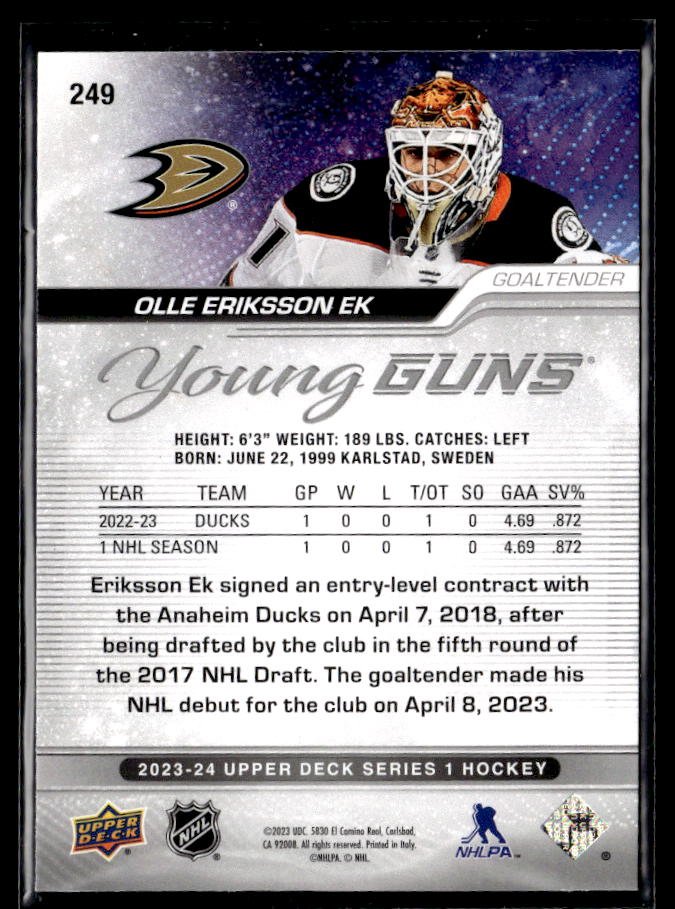 2023-24 Upper Deck Series 1 Hockey Young Guns #249 Olle Eriksson Ek (2)