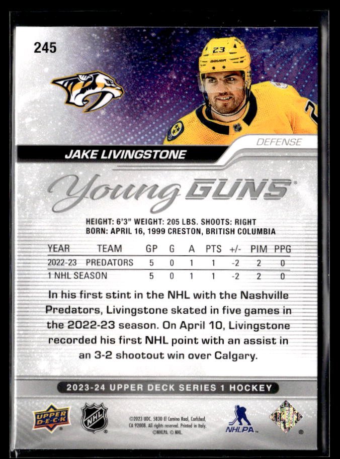 2023-24 Upper Deck Series 1 Hockey Young Guns #245 Jake Livingstone (2)