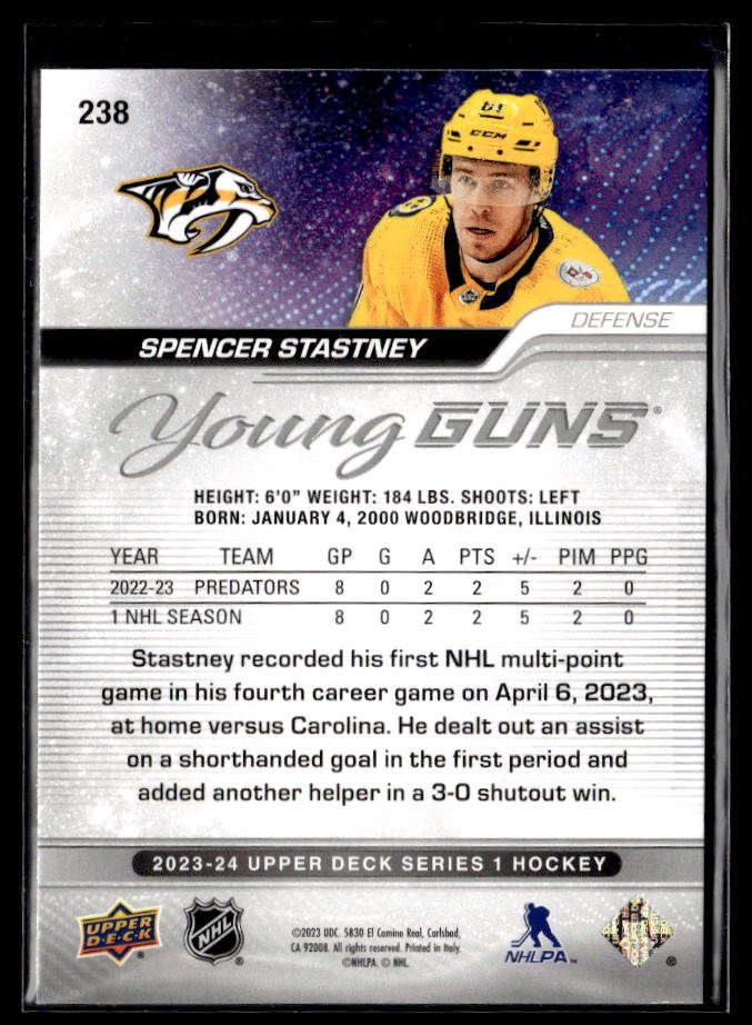 2023-24 Upper Deck Series 1 Hockey Young Guns #238 Spencer Stastney (2)