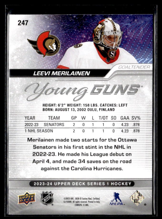 2023-24 Upper Deck Series 1 Hockey Young Guns #247 Leevi Merilainen (2)