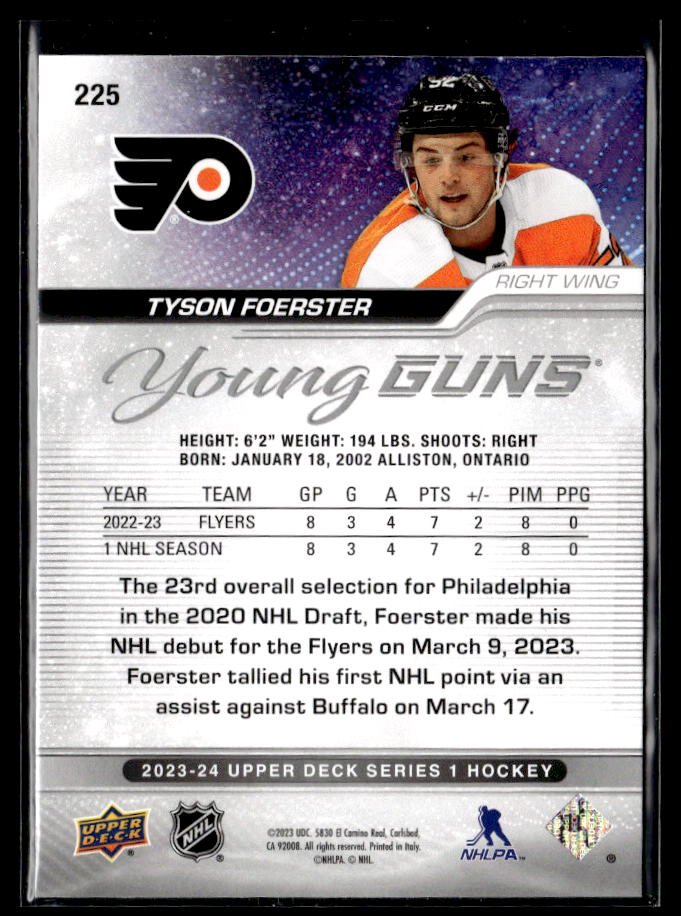 2023-24 Upper Deck Series 1 Hockey Young Guns #225 Tyson Foerster (2)