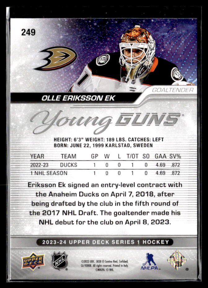 2023-24 Upper Deck Series 1 Hockey Young Guns #249 Olle Eriksson Ek (2)