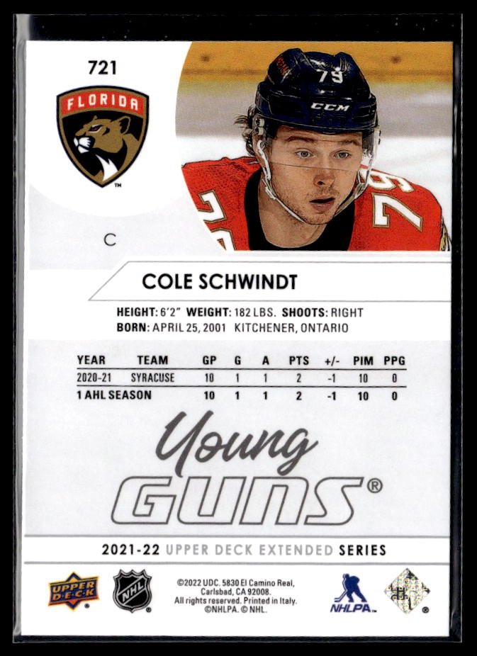 2021-22 Upper Deck Extended Series Hockey Young Guns #721 Cole Schwindt (2)