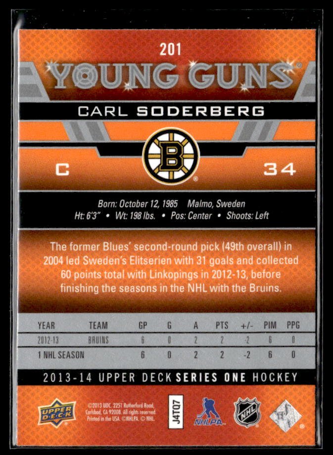 2013-14 Upper Deck Series One Hockey Young Guns #201 Carl Soderberg (2)