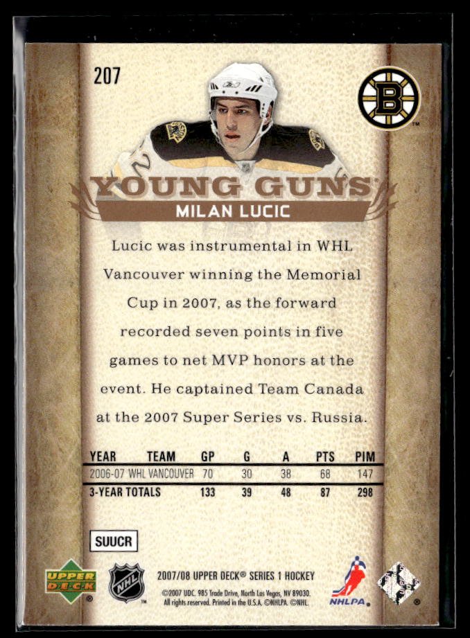 2007-08 Upper Deck Series 1 Hockey Young Guns #207 Milan Lucic (2)