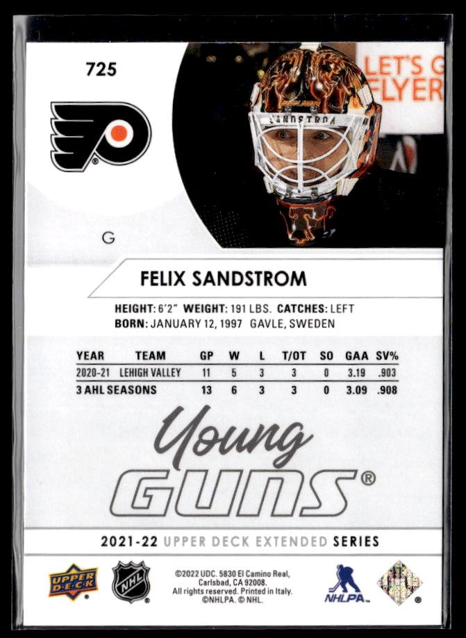 2021-22 Upper Deck Extended Series Hockey Young Guns #725 Felix Sandstrom (2)