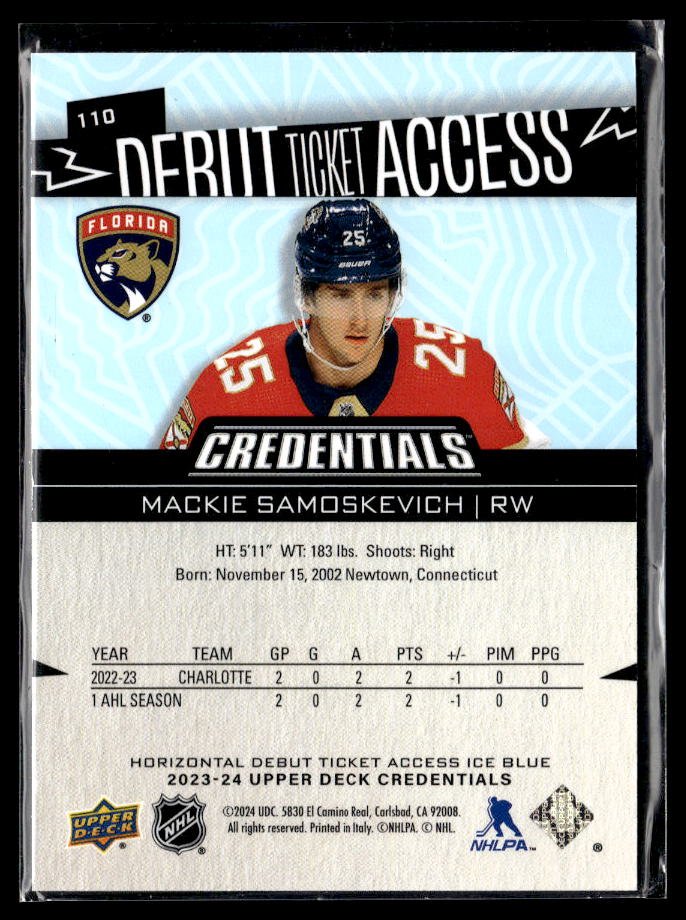 2023-24 UD Credentials Hockey Debut Ticket Access Mackie Samoskevich /799 (2)