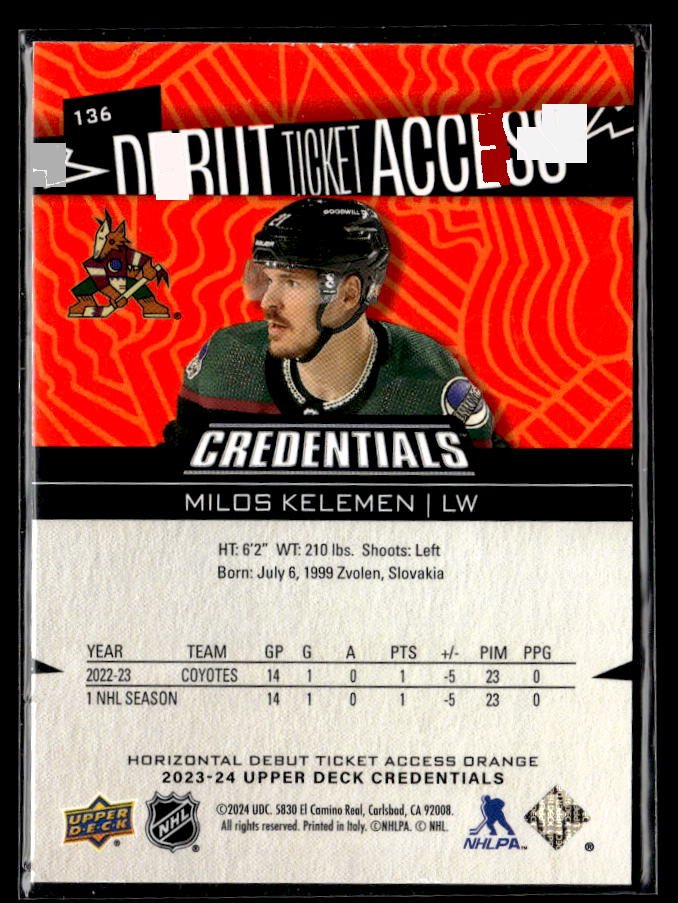 2023-24 UD Credentials Hockey Debut Ticket Access Orange Milos Kelemen /99 RC (2)