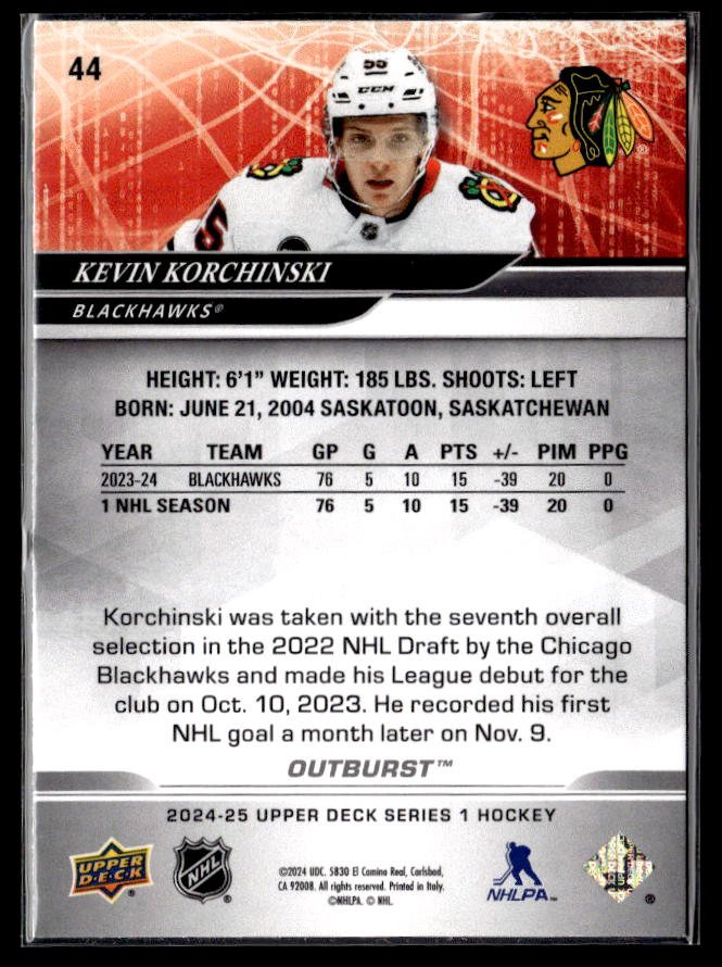 2024-25 Upper Deck Series 1 Hockey Outburst #44 Kevin Korchinski (2)