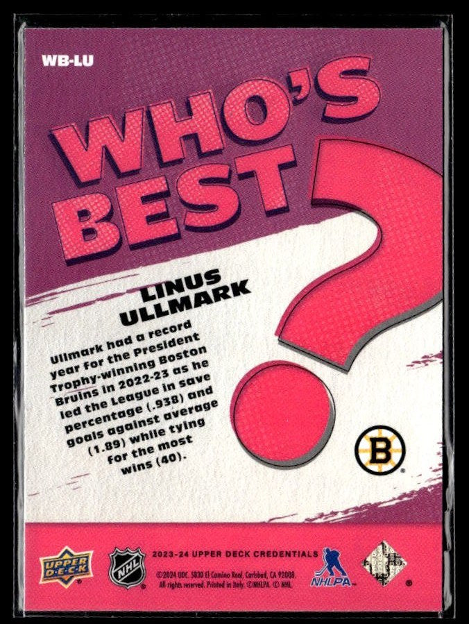 2023-24 Upper Deck Credentials Hockey Who's Best #WB-LU Linus Ullmark (2)