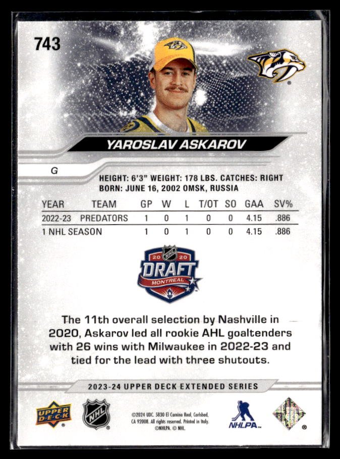 2023-24 Upper Deck Extended Series Hockey #743 Yaroslav Askarov (2)