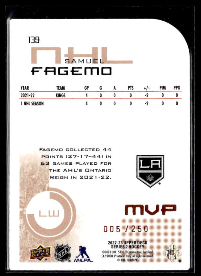 2022-23 Upper Deck Series 2 Hockey MVP #139 Samuel Fagemo /250 (2)