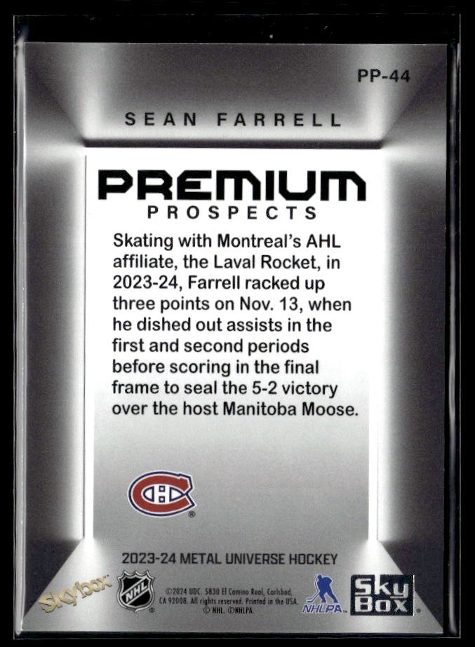 2023-24 Upper Deck Metal Universe Hockey Premium Prospects #PP-44 Sean Farrell (2)