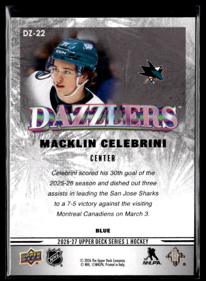 2026-27 Upper Deck Series 1 Hockey Dazzlers Blue #DZ-22 Macklin Celebrini (2)