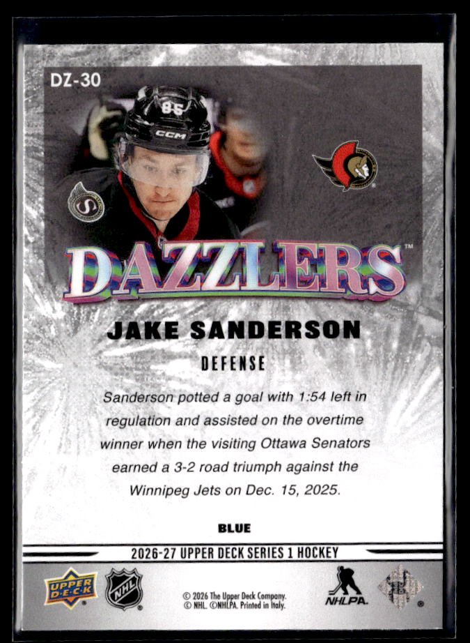 2026-27 Upper Deck Series 1 Hockey Dazzlers Blue #DZ-30 Jake Sanderson (2)