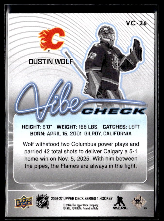 2026-27 Upper Deck Series 1 Hockey Vibe Check #VC-26 Dustin Wolf (2)