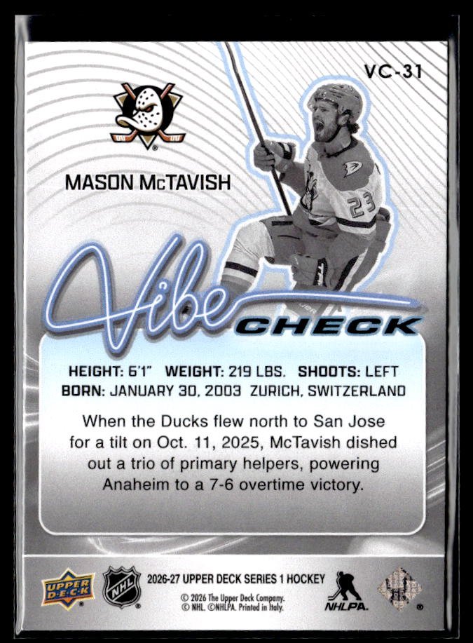 2026-27 Upper Deck Series 1 Hockey Vibe Check #VC-31 Mason McTavish (2)