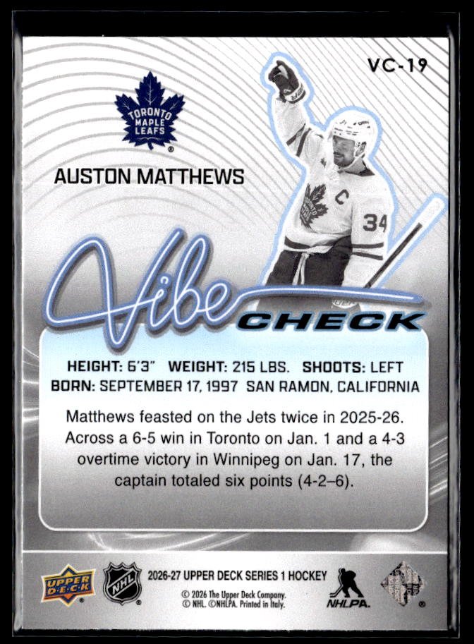 2026-27 Upper Deck Series 1 Hockey Vibe Check #VC-19 Auston Matthews (2)