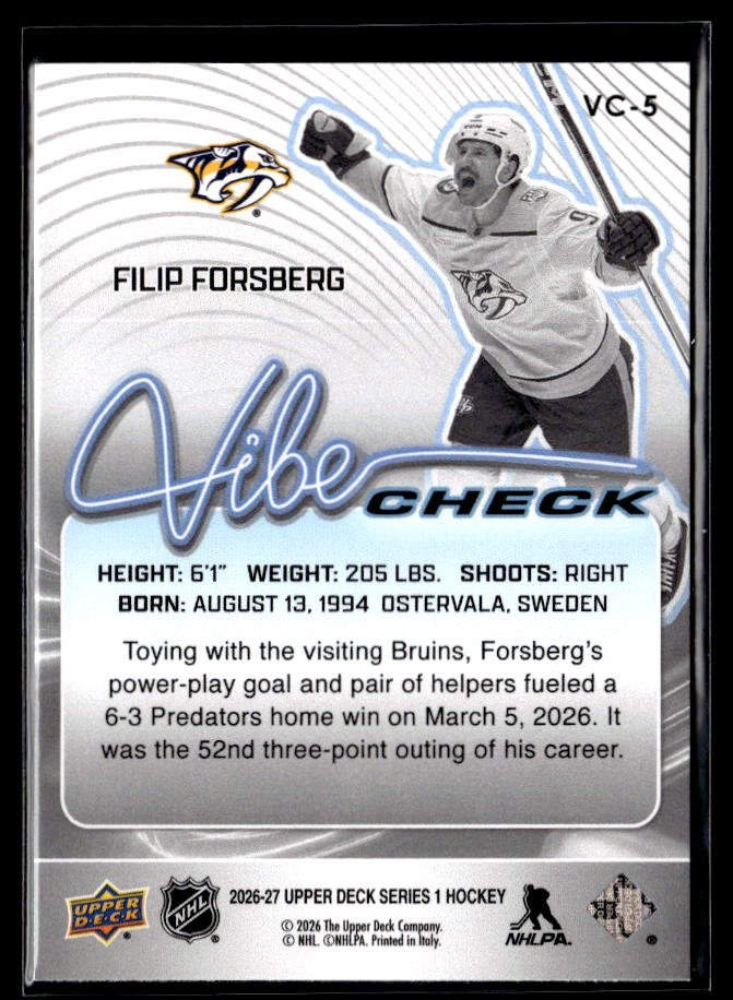 2026-27 Upper Deck Series 1 Hockey Vibe Check #VC-5 Filip Forsberg (2)