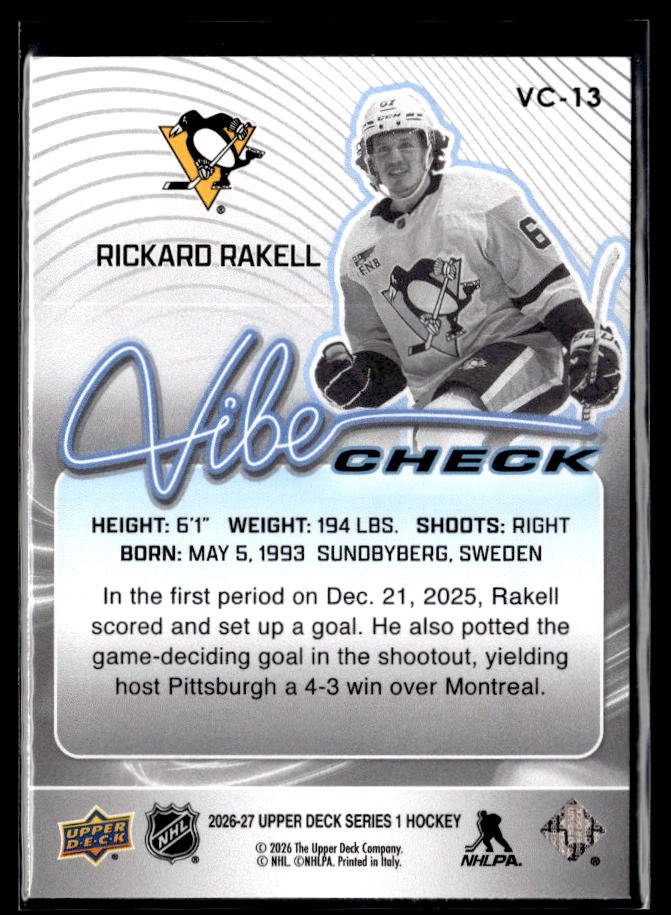 2026-27 Upper Deck Series 1 Hockey Vibe Check #VC-13 Rickard Rakell (2)