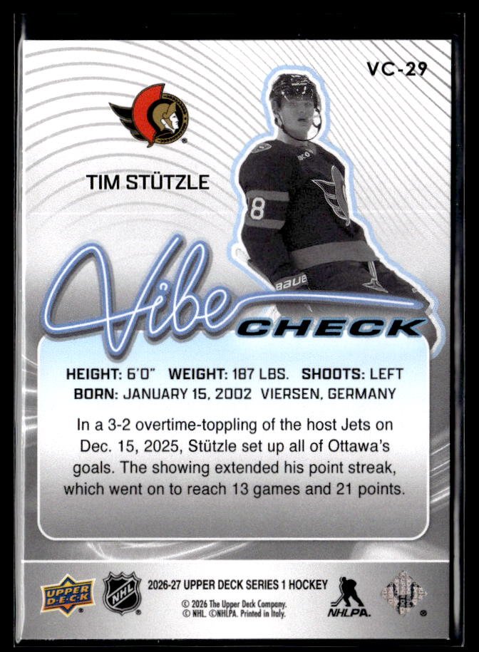 2026-27 Upper Deck Series 1 Hockey Vibe Check #VC-29 Tim Stützle (2)