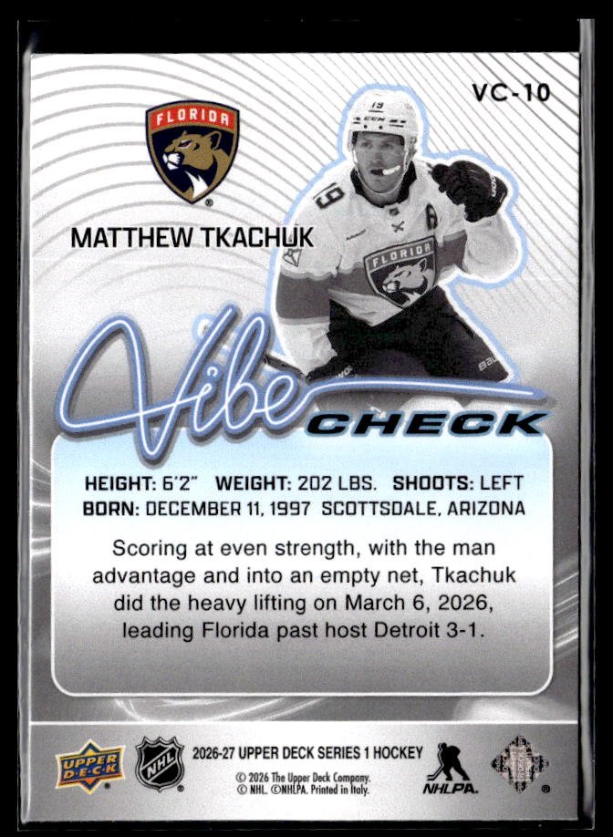 2026-27 Upper Deck Series 1 Hockey Vibe Check #VC-10 Matthew Tkachuk (2)