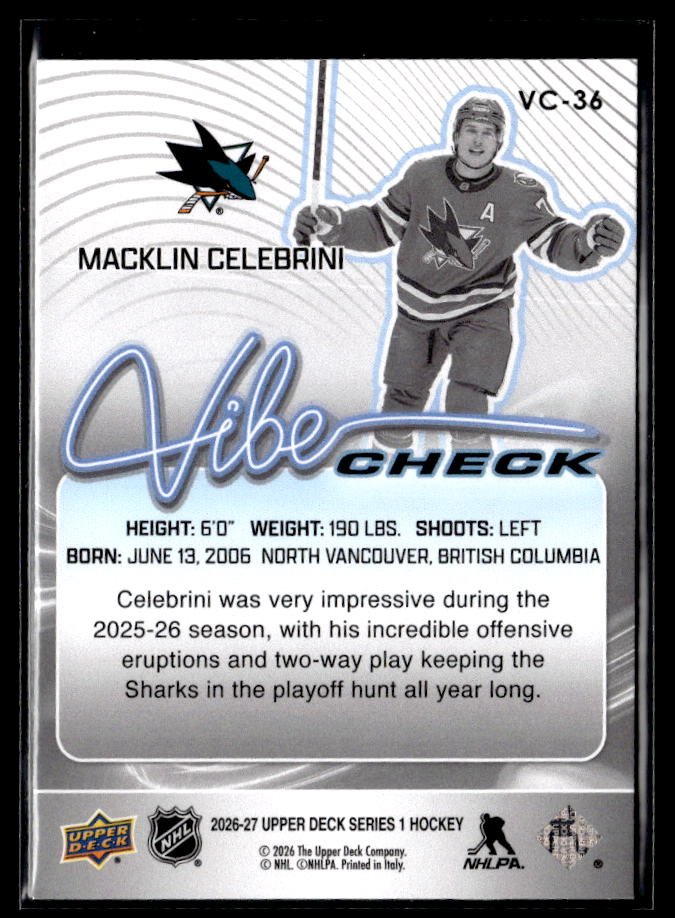 2026-27 Upper Deck Series 1 Hockey Vibe Check #VC-36 Macklin Celebrini (2)