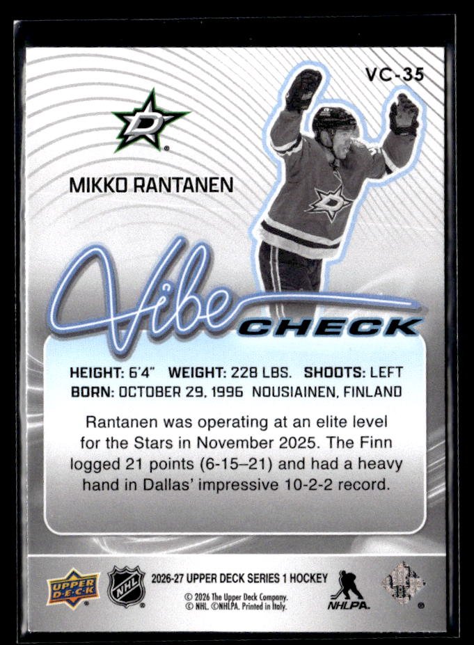 2026-27 Upper Deck Series 1 Hockey Vibe Check #VC-35 Mikko Rantanen (2)