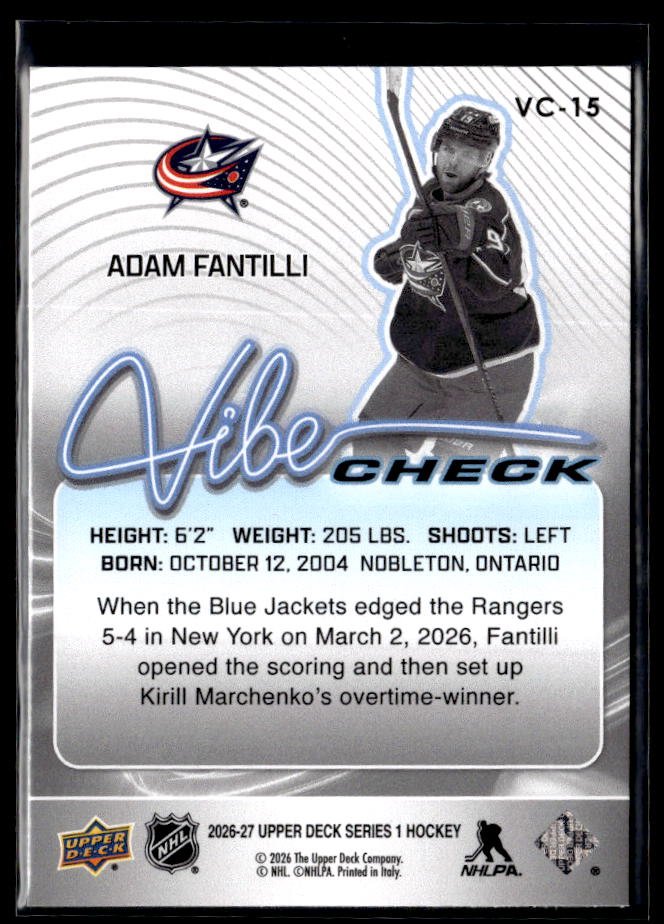 2026-27 Upper Deck Series 1 Hockey Vibe Check #VC-15 Adam Fantilli (2)