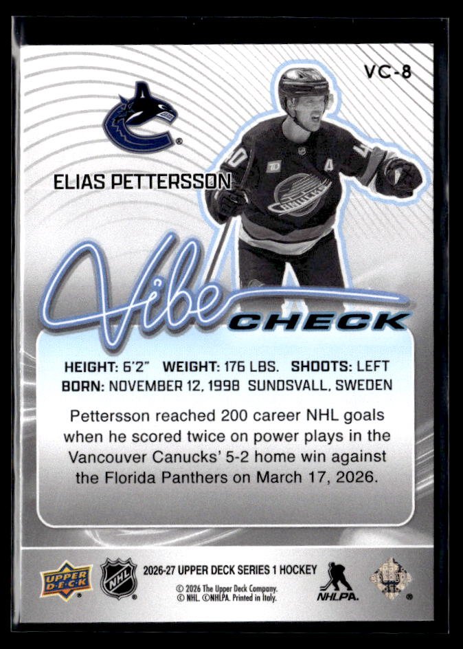2026-27 Upper Deck Series 1 Hockey Vibe Check #VC-8 Elias Pettersson (2)