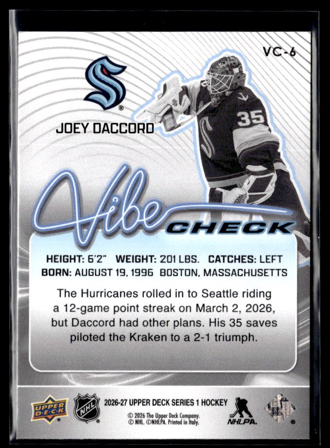 2026-27 Upper Deck Series 1 Hockey Vibe Check #VC-6 Joey Daccord (2)