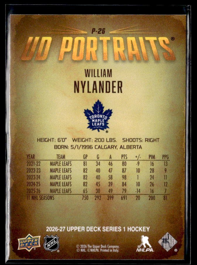 2026-27 Upper Deck Series 1 Hockey UD Portraits #P-26 William Nylander (2)