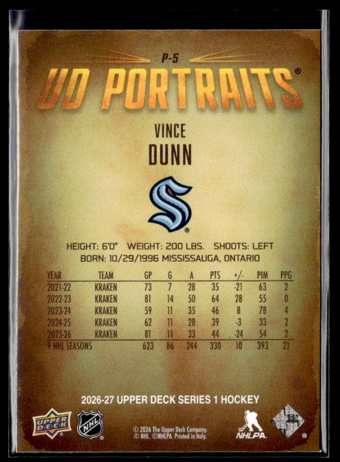 2026-27 Upper Deck Series 1 Hockey UD Portraits #P-5 Vince Dunn (2)