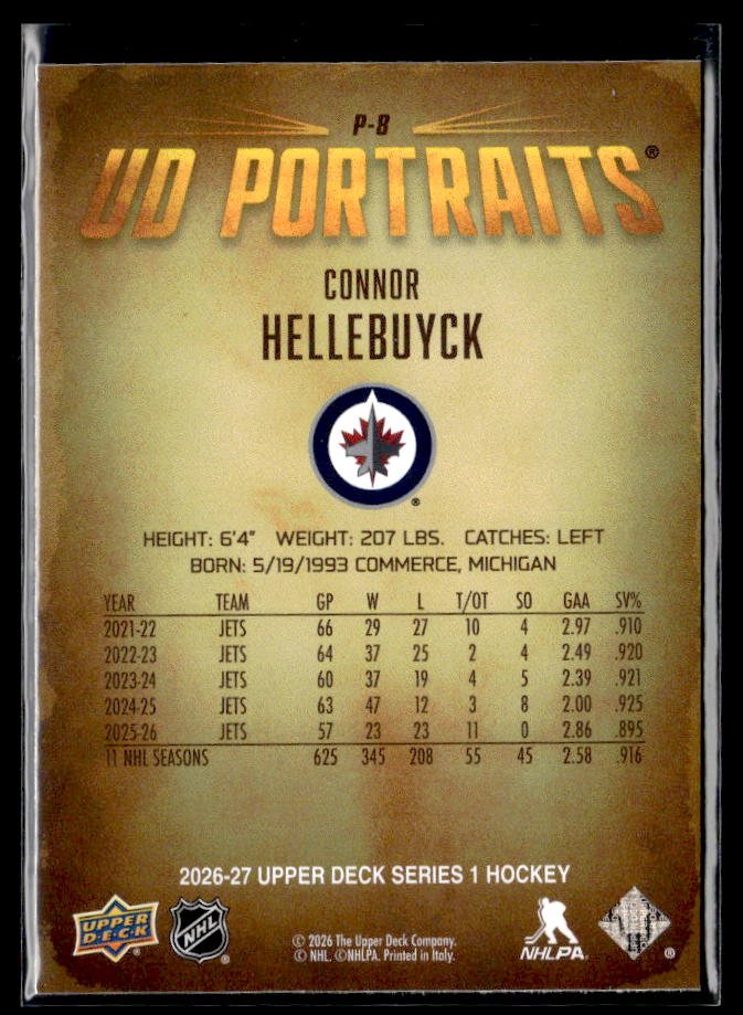 2026-27 Upper Deck Series 1 Hockey UD Portraits #P-8 Connor Hellebuyck (2)